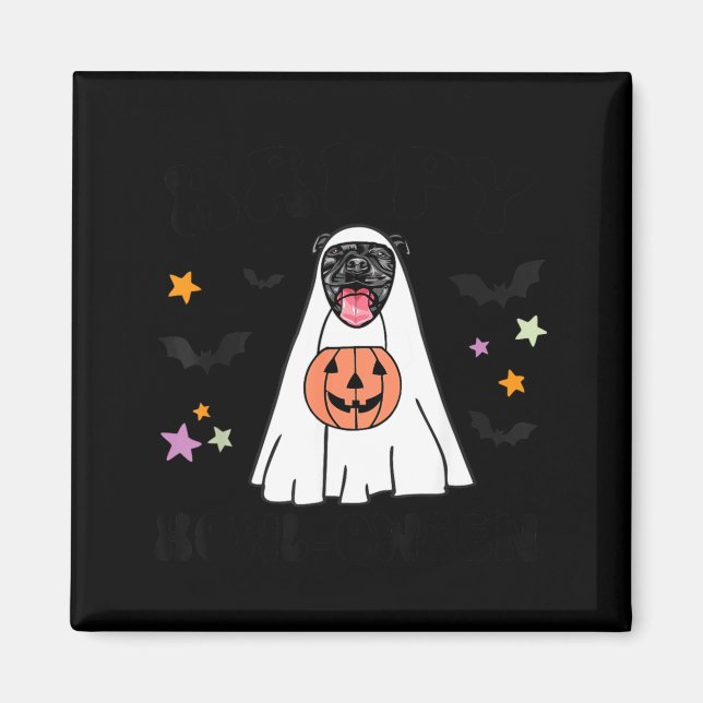 Svart Pitbull Boo Spök Hundälskare Gott Halloween Magnet (Framsidan)