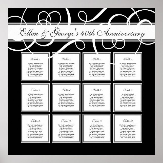 Svart platta Elegant Party 12 Bord, sittdiagram Poster (Framsidan)