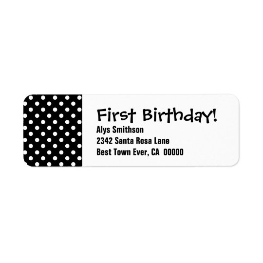 Svart polka dots LA18 för första födelsedag Returadress Etikett