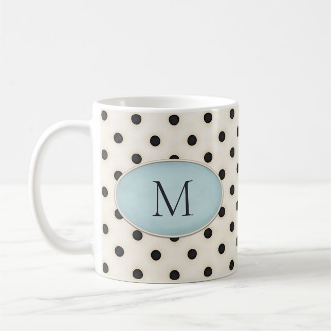 Svart Polka dots på ivoriblåovala monogrammade elf Kaffemugg (Vänster)
