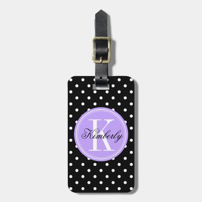 Svart Polka-punkt med Lilac Monogram Bagagebricka (Vertikal Framsida)
