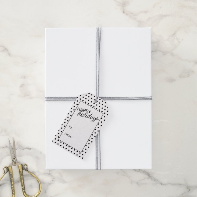 Svart polkadots på vit Chic Presentetikett (Med Snöre)