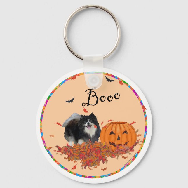 Svart Pomeranian Halloween Nyckelring (Framsida)