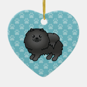 Svart Pomeranian Hund Tecknad Illustration På Blå Julgransprydnad Keramik