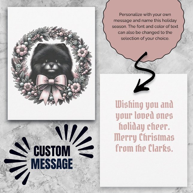 Svart pomeranian med eget meddelande i vintagekran (Custom Message Black Pomeranian Vintage Wreath Card)