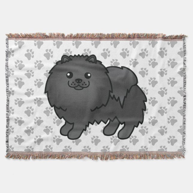 Svart Pomeranian Söt Tecknad Hund & Tassar Filt (Framsidan)