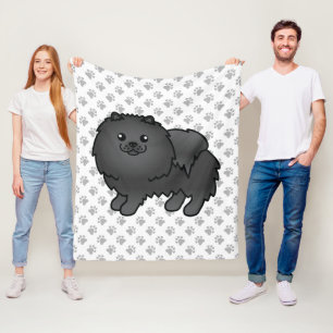 Svart Pomeranian Söt Tecknad Hund & Tassar Fleecefilt