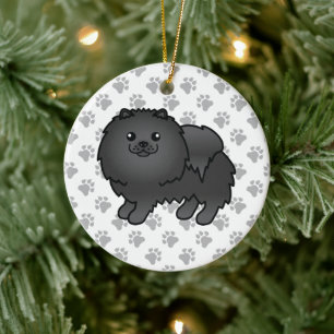 Svart Pomeranian Söt Tecknad Hund & Tassar Julgransprydnad Keramik