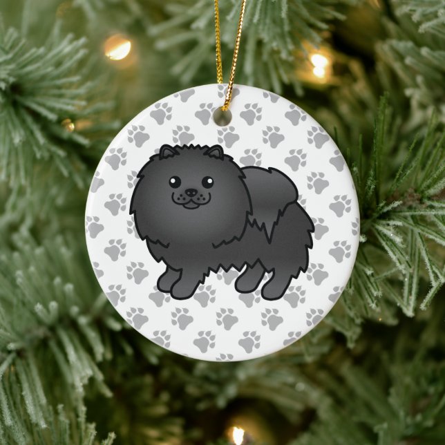 Svart Pomeranian Söt Tecknad Hund & Tassar Julgransprydnad Keramik (Träd)
