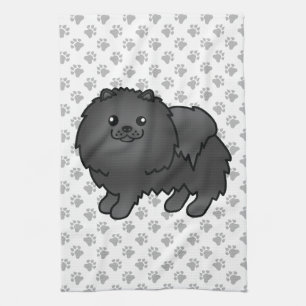 Svart Pomeranian Söt Tecknad Hund & Tassar Kökshandduk