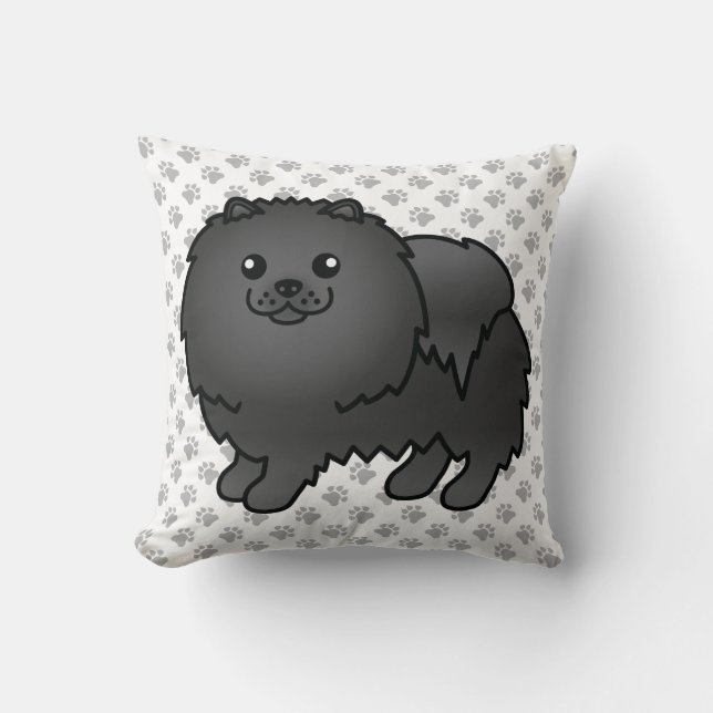 Svart Pomeranian Söt Tecknad Hund & Tassar Kudde (Framsida)