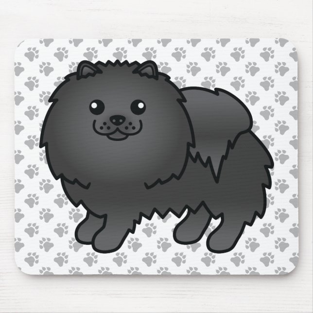 Svart Pomeranian Söt Tecknad Hund & Tassar Musmatta (Framsidan)