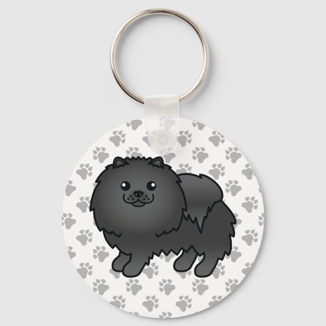 Svart Pomeranian Söt Tecknad Hund & Tassar Nyckelring (Framsida)