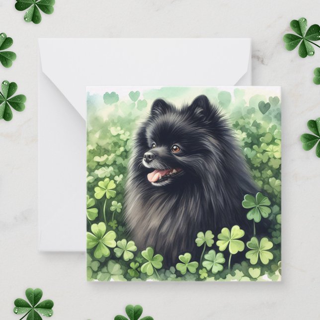 Svart Pomeranian St Patricks Day Anteckningskort (Skapare uppladdad)