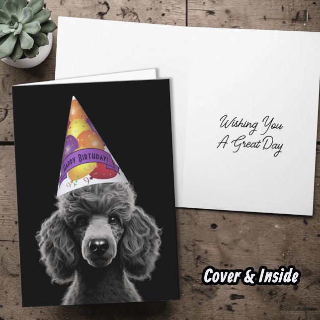 Svart Poodle Huvud Festhatt med Grattis på födelse Kort (Fun poodle with happy birthday party hat inside template greeting card.)
