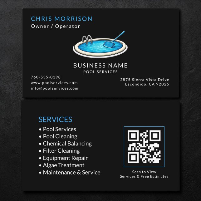 Svart Pool Services QR-kod Visitkort (Skapare uppladdad)