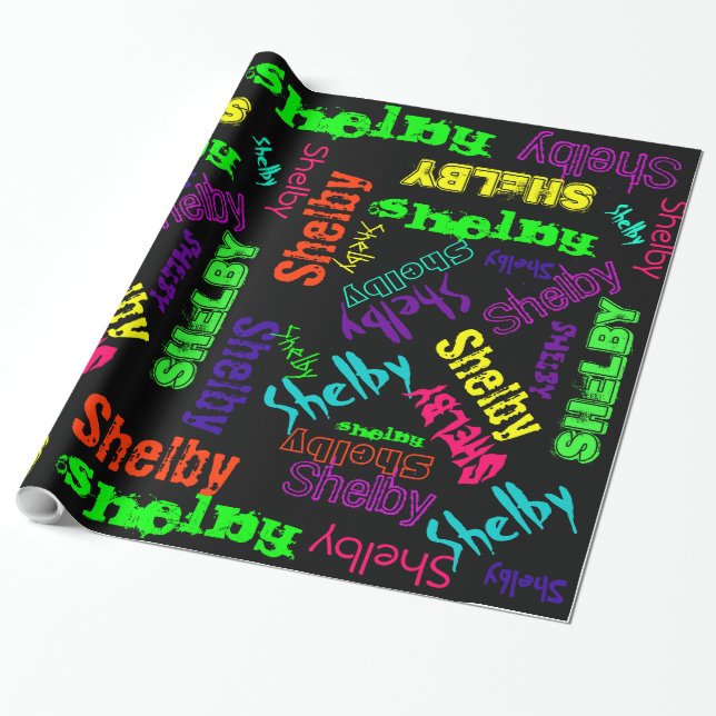 Svart presentpapper neonfärg Namn Collage (Utrullad)