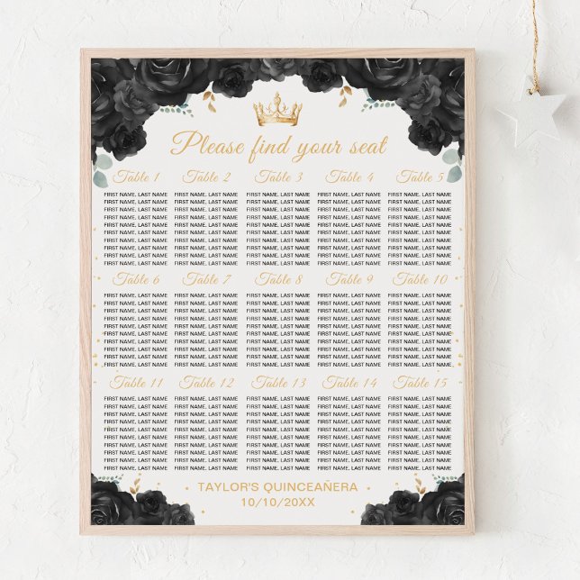 Svart Princess Quinceañera 15 Bord-sätesdiagram Poster (Skapare uppladdad)