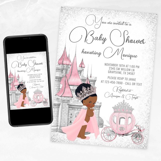 Svart prinsessa baby shower inbjudningar (Pink silver princess baby shower invitation with African princess, castle and carriage.)