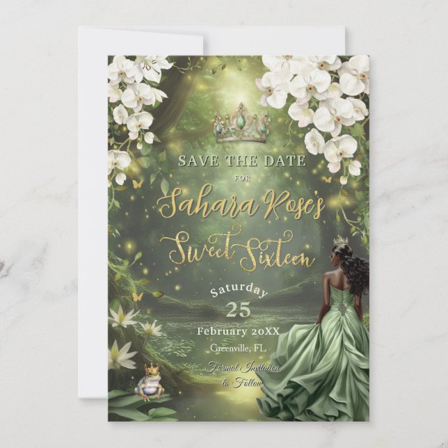 Svart prinsessa och grod-sage grön klänning Sweet  Spara Datumet (Framsida)