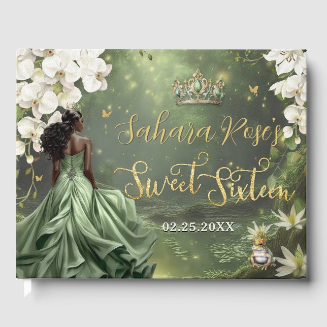 Svart prinsessa och grodansikte Sage grön klänning Gästböcker (Framsida)