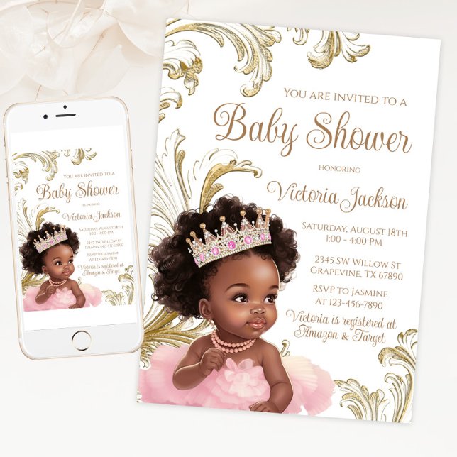 Svart prinsessa rosa guld baby shower inbjudningar (Pretty pink and gold African princess baby shower invitation for print and digital download.)