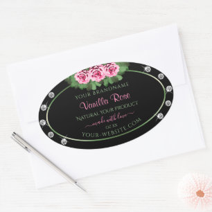 Svart produktetikett, Grönt och Rosa ros-diamanter Ovalt Klistermärke