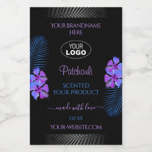 Svart produktetikett Lila Blåa blommor med Logotyp Mat Etikett
