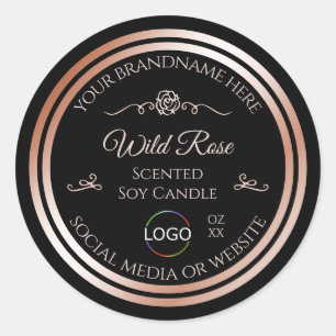 Svart produktetikett med Ro Guld Ram och Logotyp Runt Klistermärke