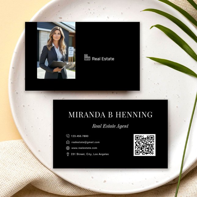 Svart Professionell Fastighetsmäklare Foto QR-kod Visitkort (Skapare uppladdad)