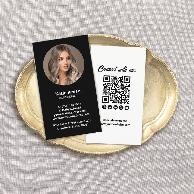 Svart Professionell Photo Social Media QR-kod Visitkort (Skapare uppladdad)