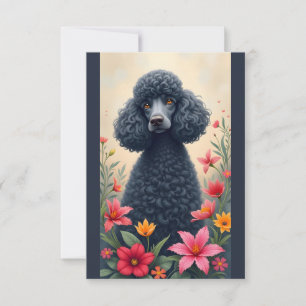 Svart Pudel och Blommor-anteckningskort Tack Kort