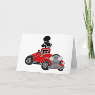 Svart pudel som kör den röda konvertibla bilen kort