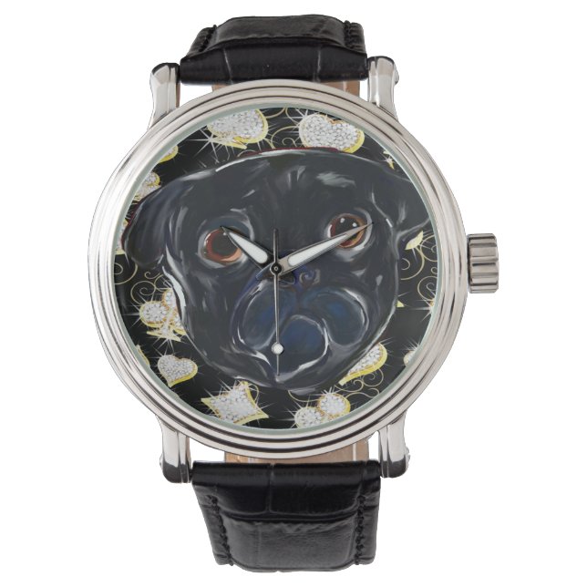 Svart Pug  Armbandsur (Framsida)