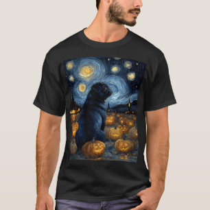 Svart Pug-hund av van gogh stjärnklar natt hallowe T Shirt