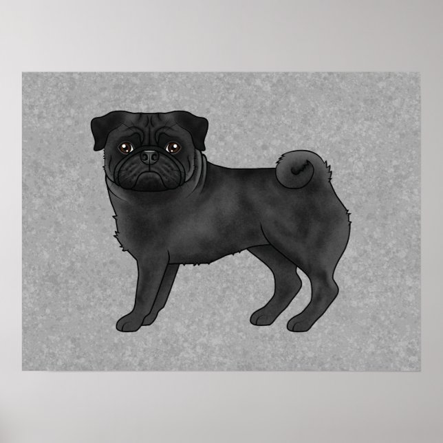 Svart Pug Hund Canine Söt Tecknad Illustration Poster (Framsidan)