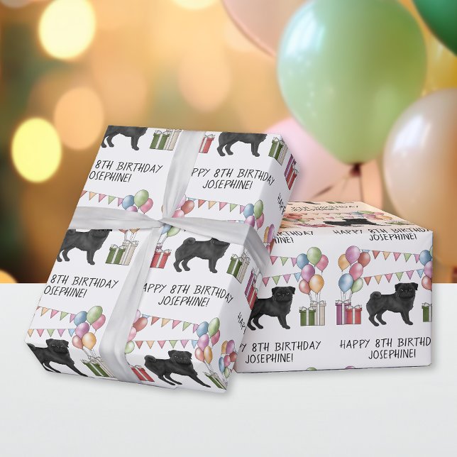 Svart Pug Hund Färgglad Pastell Glad Födelsedag Presentpapper (Skapare uppladdad)