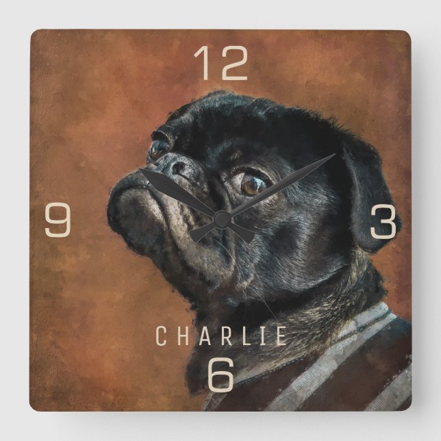 Svart Pug-Hund Fyrkantig Klocka (Framsida)