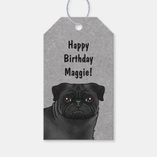 Svart Pug Hund Huvud Närbild Glad Födelsedag Grå Presentetikett