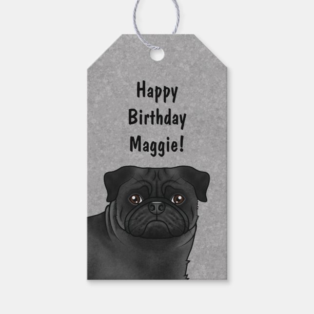 Svart Pug Hund Huvud Närbild Glad Födelsedag Grå Presentetikett (Framsidan)