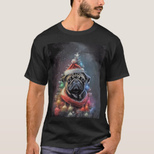 Svart Pug Hund Julgran Tomte T Shirt