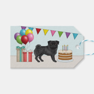 Svart Pug Hund Moppar Hund Färgglad Glad Födelseda Presentetikett