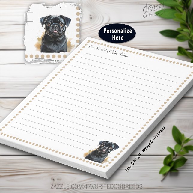 Svart Pug Hund Personlig linjerad Anteckningsblock (Black Pug Dog Personalized lined Notepad)