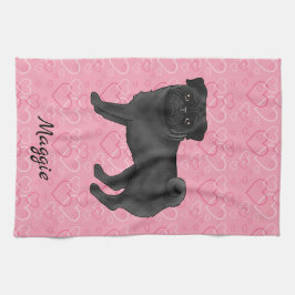 Svart Pug Hund Söt Gubbe Och Rosa Hjärtan Med Namn Kökshandduk