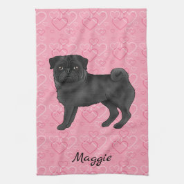 Svart Pug Hund Söt Gubbe Och Rosa Hjärtan Med Namn Kökshandduk