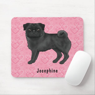 Svart Pug Hund Söt Mops Och Rosa Hjärtan Med Namn Musmatta