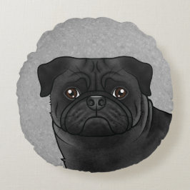 Svart Pug Hund Söt Tecknad Hundhuvud Närbild Grå Rund Kudde