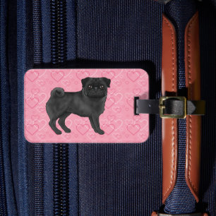 Svart Pug Hund Tecknad Moppar Kärlek Hjärtmönster Bagagebricka