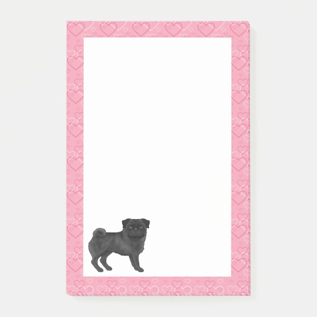 Svart Pug Hund Tecknad Moppar Kärlek Hjärtmönster  Post-it Block (Framsida)
