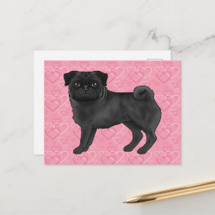 Svart Pug Hund Tecknad Moppar Kärlek Hjärtmönster Vykort